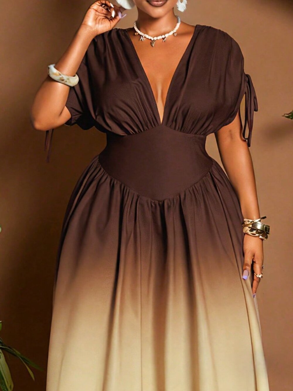 Multicolor Casual Women's Ombre Tie-Front Bowknot V-Neck A-Line Maxi Dress - Picture 4 of 7